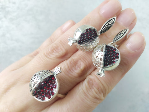 Set Ring Earrings pomegranate Silver 925
