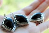 Silver 925 Ring Earrings Black onyx white zircon