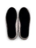 A pair of gray felt slippers shown from a top-down view, featuring a black fabric lining with white contrast stitching around the edges.