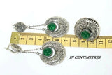 Earrings with chains big round Jadeite gemstone green Sterling Silver 925