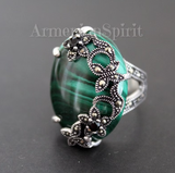 Set Ring Earrings Silver 925 Green Malachite