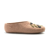 A single tan felt slip-on shoe with embroidered green leaves and black beads on the toe, shown against a white background.