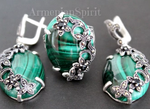 Set Ring Earrings Silver 925 Green Malachite