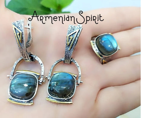 Discover the beauty of Armenian jewelry with our high-quality sterling silver 925 pieces. Our Labradorite natural gem earrings and ring are perfect for adding a touch of color to any outfit. Shop now and get free shipping worldwide, plus exclusive discounts. Elevate your style with Armenian Spirit jewelry.

