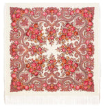  Blanket-style winter shawl made of merino wool. The garment features a rich, traditional folk pattern filled with pink, red, and orange flowers on a clean ivory background.