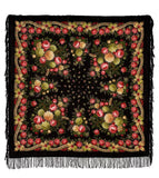 A thick, warm merino wool palantine designed in a dark, solid style with deep black and rich red and gold peony vintage flowers. The large, blanket-style winter shawl features traditional Slavic-inspired tailoring and heavy woolen fringe along the edges, draped for a cozy look.