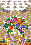 Colorful floral and paisley pattern on a white shawl background