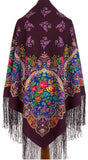 A large, cozy burgundy merino wool palantine decorated with traditional Slavic yellow and blue flowers, wrapped snugly like a warm blanket. A large, oversized merino wool wrapping shawl in a deep burgundy hue, adorned with traditional Slavic-style yellow flowers. The thick, cozy fabric is wrapped tightly like a warm winter blanket to emphasize its comfort and size.