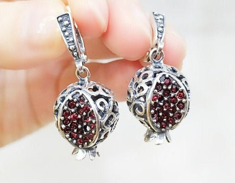 Persephone Earrings Silver 925 Pomegranate with red zircon