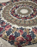 Close-up view of a multicolored floral pattern scarf crafted from soft merino wool, showcasing large pink roses against a white background.