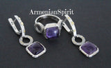 Amethyst earrings and ring. Modern Armenian jewelry made from silver and purple amethyst gem.