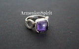 Square ring purple amethyst gem and sterling silver with round details. 