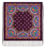 An oversized woolen square shawl with silky fringes in deep burgundy featuring intricate yellow and red floral patterns, styled in a traditional Slavic wrap. Product shot of a premium burgundy woolen shawl featuring heritage Slavic floral patterns in bright yellow. The blanket-sized merino wool palantine is styled in a cozy, enveloping wrap that shows off its rich texture.