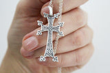 Armenian sterling silver body cross with traditional patterns and silver chain.