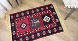 Decorative Armenian inspired ethnic rug with geometric pattern on a wooden floor