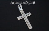 A sterling silver minimalist cross pendant with inscriptions, displayed against a black background with the watermark 'ArmenianSpirit'.
