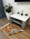 Modern living room with a white coffee table, decorative plants, and a patterned rug.