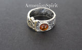 Amber ring made in a shape of band with sun detail in gold color and made of sterling silver 925 by Armenian artisans.
