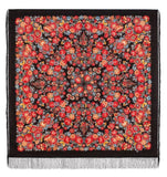 Floral patterned scarf with red and orange flowers on a black background