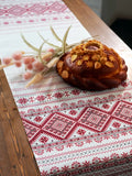 Slavic wedding table runner towel with traditional red ornaments on white cotton fabric, which is used for bread and salt.