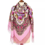 Colorful bright pink floral and paisley patterned oversized scarf with silky fringe. The pattern is large vintage pink blue and purple peony flowers. The material is merino wool.