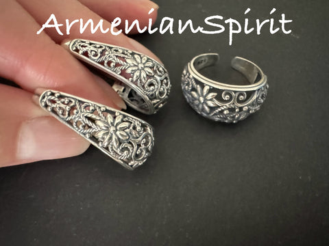 Set Ring Earrings floral Silver 925
