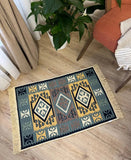 Decorative rug with geometric pattern on a wooden floor, surrounded by a plant and chair.