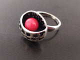Coral ring sterling silver with red coral bead inside made by Armenian artisan