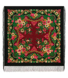 Square floral shawl made from natural merino wool with Indian patterns on a black background