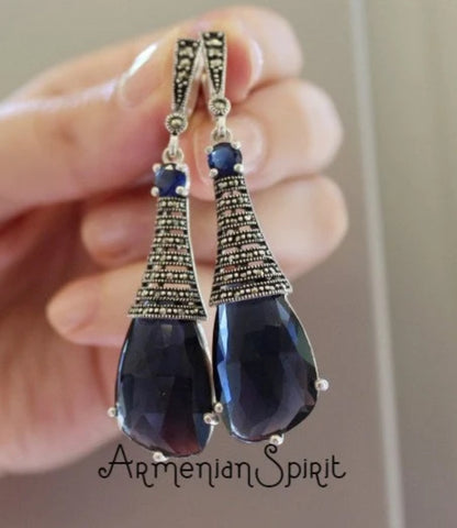 Earrings Silver 925 Blue topaz marcasite