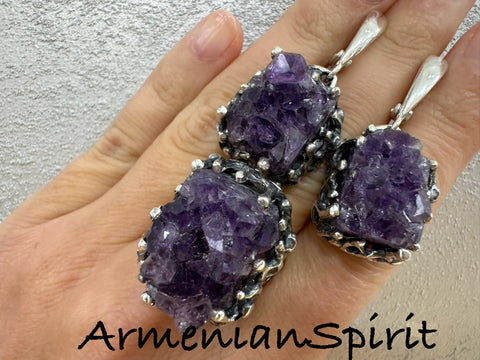 Silver 925 Earrings Ring amethyst drusy