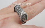 Armenian ethnic dome ring on a woman hand with taraz ornaments