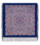 Extra large blanket wrap made of cashmere with Indian mandala and paisley pattern on a blue background