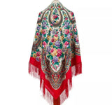 Colorful Slavic traditional shawl cashmere like merino wool with floral patterns and red fringe. The best accessory for Slavic national  dances dancers.