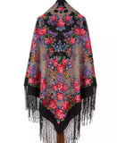 Colorful rose floral patterned black woolen shawl with silky fringe.