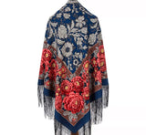 Floral patterned Slavic oversized blue shawl with fringes and large red peony flowers on a white background