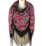 Colorful vintage rose flowers patterned black scarf with fringes made of merino wool and silky fringe.