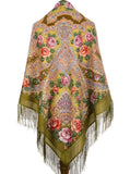 Wrapping khaki green palantine shawl with pink and orange  peony  flower patterns and fringes in a Slavic vintage style.