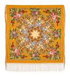 Decorative scarf for Slavic dancers  with floral patterns and tassels on a bright orange background