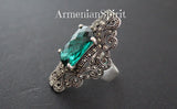 Armenian handmade extra large royal ring with marcasite and emerald green faceted stone.