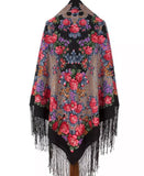 Colorful rose floral patterned black woolen shawl with silky fringe.