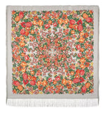 Floral patterned gray scarf with fringe on a white background. The opaque gray fabric features a striking contrast with its heavy, multicolored folk pattern of red, yellow, and green flowers, conveying a very cozy and Slavic cultural aesthetic.