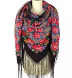 Colorful vintage rose flowers patterned black scarf with fringes made of merino wool and silky fringe.