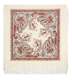 Square Slavic woolen scarf with intricate paisley pattern on a beige background