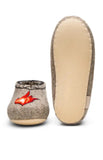 Brown slippers with a red logo on a white background