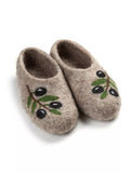 A pair of felted wool slip-on slippers in a warm taupe-brown color, decorated with embroidered olive branches featuring green leaves and black olives, shown on a plain white background.