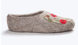 Gray slipper with floral embroidery on a white background