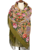 Colorful pink peony floral and herbal patterned large wrapping scarf with fringes in Slavic style.
