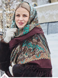 This brown shawl with bold turquoise patterns is beautiful in person. A woman wearing it instantly gets a true bohemian Slavic folk look. The ethnic ornaments stand out nicely against the brown background, making it both unique and stylish.