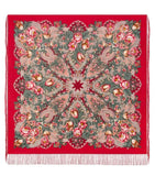 Decorative square woolen shawl with red floral and star pattern on a red background